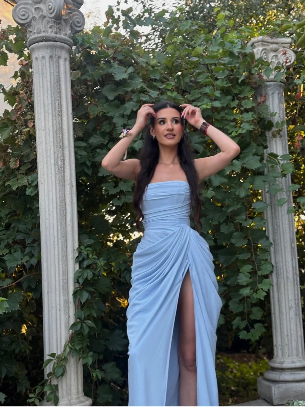 Strapless Light Blue Draped Evening Dress with High Slit - Picture 4 of 9